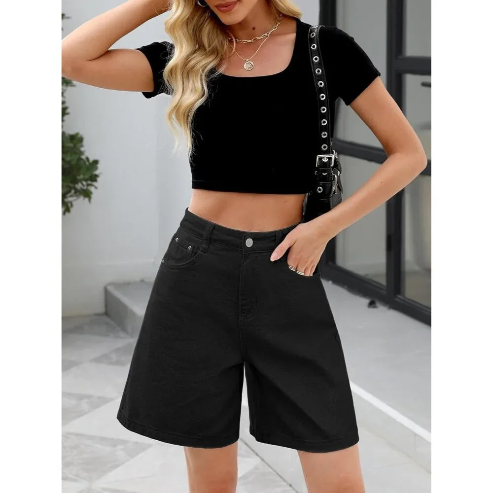 Women’s Bermuda Jean Shorts Baggy Wide Leg Knee Length Casual Denim